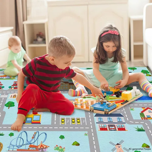 Vista 9 de Alfombra de coche para niños, 2 pies 7 pulgadas x 4 pies, alfombra de juego para trenes de autos de juguete, alfombra antideslizante para pista