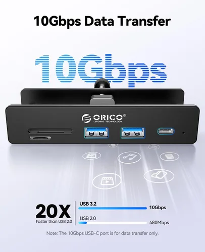 Vista 2 de ORICO Hub USB 3.2, Abrazadera USB Hub con puerto de fuente de alimentación adicional, extensor USB de 5 puertos de aluminio de 10 Gbps con 2 puertos