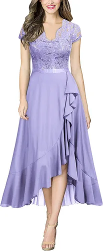 Vista 5 de Miusol - Vestido largo elegante de mujer con vuelos de encaje y cuello en V para damas de honor negro (C-BLACK)
