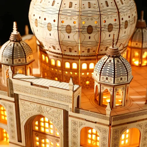 Vista 5 de Taj Mahal - Rompecabezas de madera 3D 388 piezas, kit de construcción de arquitectura de luz LED, sin pegamento, modelo de bricolaje, decoración