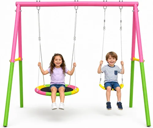 Vista 10 de DECORLIFE Columpio de platillo con soporte de marco en A resistente, juego de columpios para patio trasero, plataforma redonda de capacidad de 260