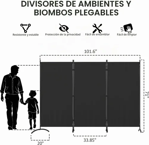 Vista 4 de Divisor de habitación de 3 paneles y pantallas de privacidad plegables con 4 pies de metal curvos, divisor de pared de cubículo para particiones