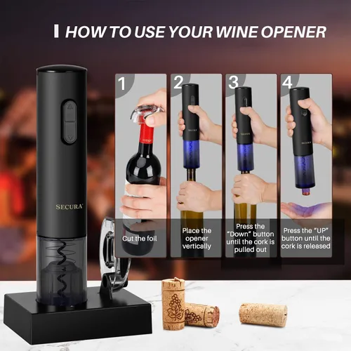 Vista 3 de Secura Abridor de vino eléctrico, sacacorchos eléctrico automático de botellas de vino con cortador de papel de aluminio, recargable (negro)