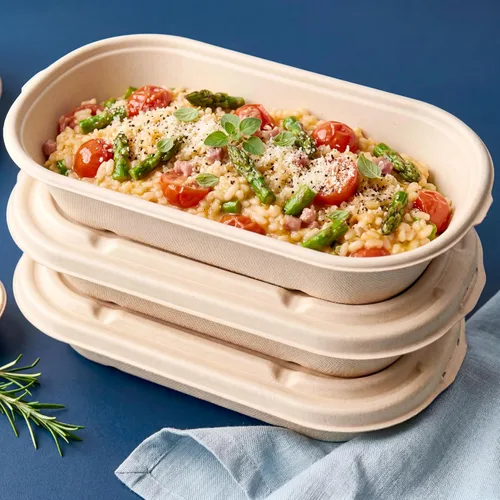 Vista 6 de Recipientes desechables ovalados de 28 onzas con tapas, bambú biodegradable ecológico y caña de azúcar, resistentes y resistentes a fugas, aptos