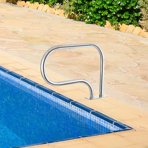 Vista 4 de VINGLI Barandilla de mano para piscina, escalera de piscina de acero inoxidable de 3 curvas, pasamanos dobles para piscina enterrada con placa