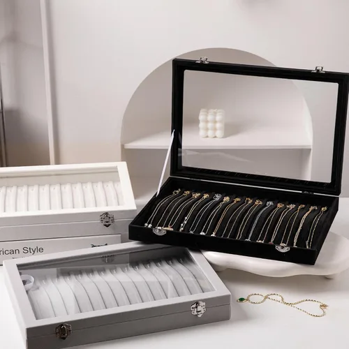 Vista 6 de Frebeauty Bandeja para collares de terciopelo con 15 ganchos, organizador de collares con tapa transparente, con cerradura, caja organizadora