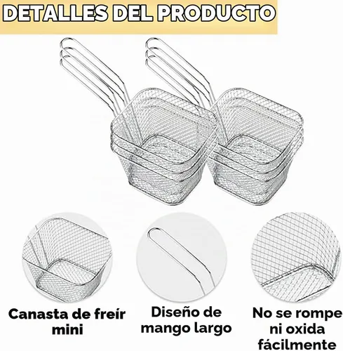 Vista 3 de 12 cestas cuadradas de acero inoxidable para freír con asa, cestas de alimentos para servir reutilizables, mini freidora con cesta para cocina