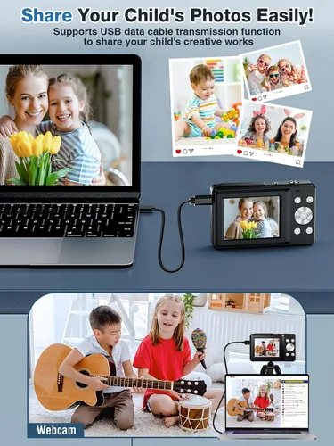 Vista 8 de Cámara digital, FHD 1080P para niños, cámara digital de 44 MP para apuntar y disparar con tarjeta de 32 GB, zoom de 16X, antivibración, sello