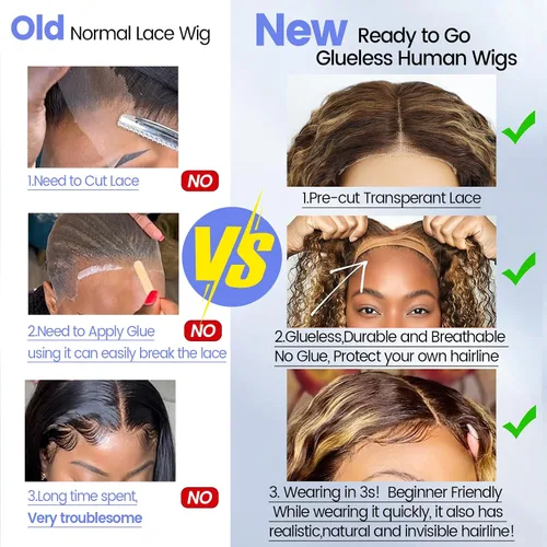 Vista 6 de Pelucas de cabello humano sin pegamento pre arrancadas pre cortadas con reflejos rubios Bob rizado corto con encaje frontal para mujeres negras