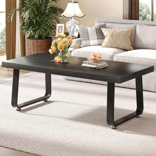 Vista 13 de HSH Mesa de café negra moderna, mesa de centro de madera rústica y metal, mesas de café sencillas de estilo granja para sala de estar, mesa de té