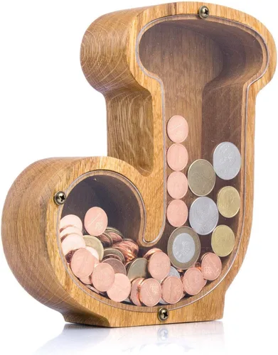 Vista 2 de Alcancía de madera personalizada con letra para niños, niñas y adultos, bancos de monedas de madera de roble duradero, 3 tamaños para elegir