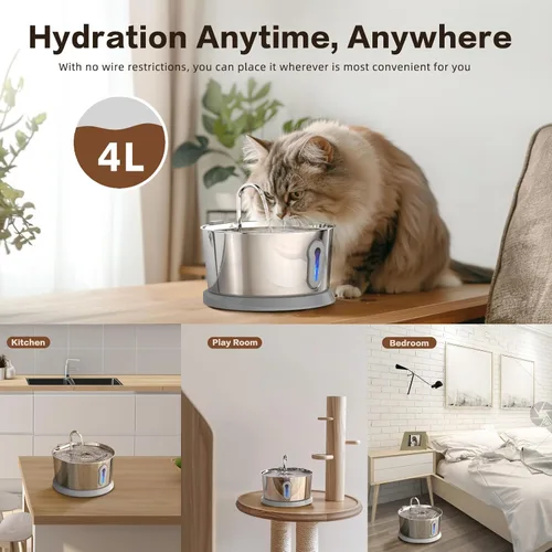 Vista 3 de Fuente de agua inalámbrica para gatos, funciona con pilas, fuente de acero inoxidable para mascotas de 4 L/135 onzas para beber dispensador de agua