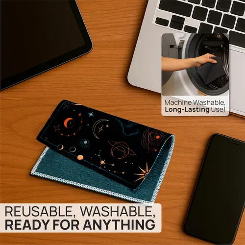 Vista 4 de Microfiber Wholesale Paños de limpieza rápida para gafas, 8 x 8, astrología, paquete de 1 con funda, limpiador de lentes de doble cara para lentes