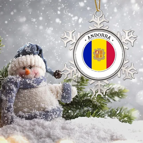 Vista 5 de Adornos de Navidad de Andorra, bandera nacional de Andorra, suministros de fiesta de Navidad, recuerdo de la ciudad, copo de nieve de metal, adorno