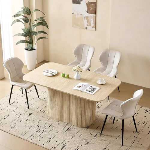 Vista 10 de Juego de 4 mesas de comedor grandes de 63 pulgadas para 4, esquinas redondeadas, mesa de cocina rectangular moderna de madera con sillas Boucle
