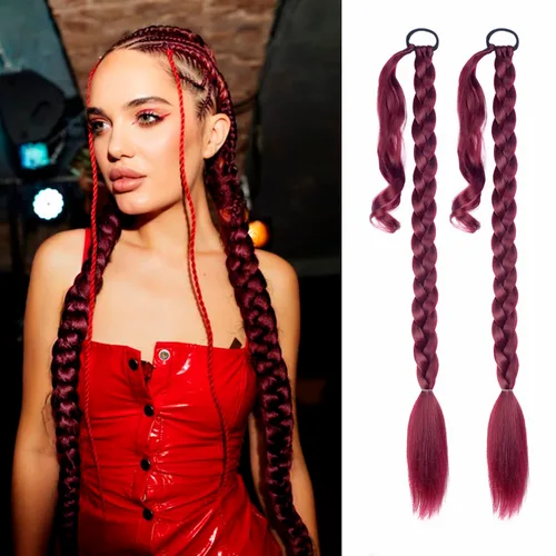 Vista 31 de Paquete de 2 extensiones de cola de caballo trenzada con lazo elástico, lacio, elegante envolvente, extensiones de cola de caballo de 26 pulgadas