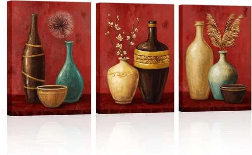 Vista 7 de sechars Arte de pared vintage con florero, flores de granja, pintura de hierba de las pampas, lienzo, cuadros de lienzo, arte estético retro marrón