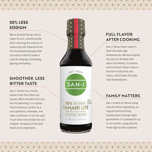 Vista 5 de San-J - Salsa de soja Tamari Lite sin gluten con un 50% menos de sodio - Elaborada con 100% soja - Especialmente elaborada - Botella de 20 onzas