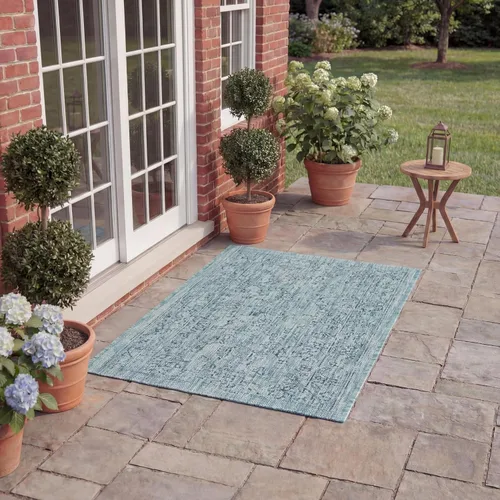 Vista 75 de SAFAVIEH Alfombra lavable al aire libre, colección Courtyard - 2'3" x 5', azul aguamarina y gris, no desprende pelusa y fácil limpieza, ideal