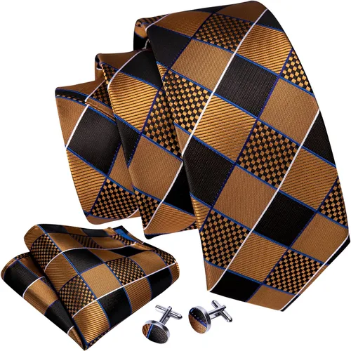 Vista 30 de Barry.Wang Juego de corbatas a cuadros para hombre con pañuelo gemelos de rayas clásicas