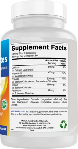 Vista 6 de Best Naturals Electrolytes Hydrate-Balance- Sustain Premium Formula 240 Cápsulas. Sin gluten y sin OMG.