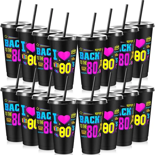 Vista 11 de Uiifan 16 piezas de decoraciones de fiesta de los años 50, tazas reutilizables de los años 50 con tapas y pajitas, suministros de Rock Sock Hop