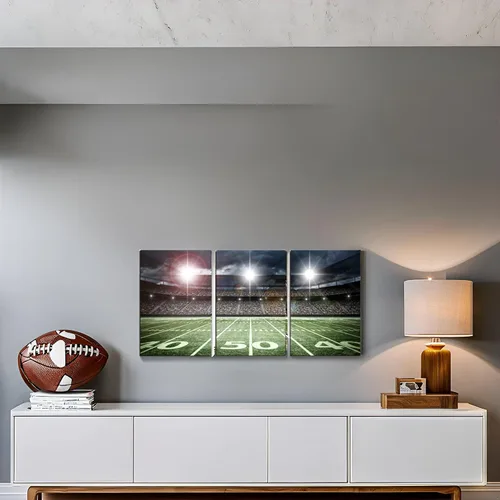 Vista 2 de TAOMI Lienzo decorativo para pared de rugby Field Match Sport Spot Light para habitación de los niños, dormitorio, 3 piezas, arte moderno, fútbol