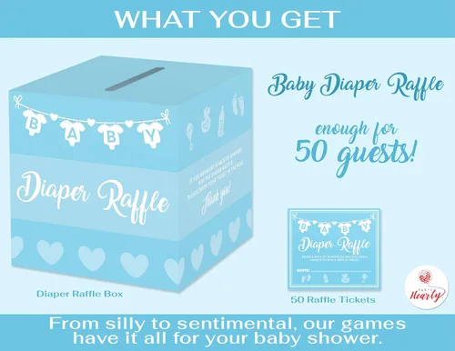 Vista 2 de Party Hearty - Boletos y caja para rifas de pañales, juego de baby shower, color azul 50 boletos de rifa, caja de tarjetas de boletos para rifas