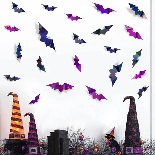 Vista 4 de 72 piezas de murciélagos para decoración de Halloween, murciélagos iridiscentes 3D, decoración de pared, papel holográfico negro y morado