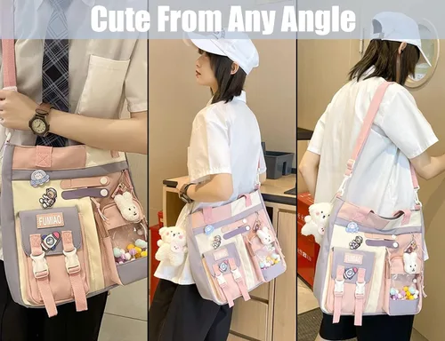 Vista 4 de Bolso de mano Kawaii con bonito dije de conejo y oso de felpa para niñas, mochila escolar para laptop, bandolera para estudiantes