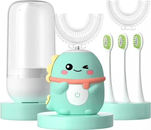 Vista 10 de Cepillos de dientes eléctricos en forma de U para niños, cepillo de dientes automático sónico de dibujos animados ciervos (azul 2-6 edad)