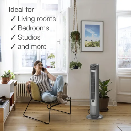 Vista 5 de Lasko 2551 - Ventilador eléctrico portátil de torre oscilante de 42 pulgadas con ionizador de aire fresco, temporizador y control remoto