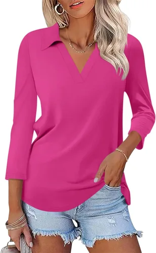 Vista 20 de TICTICMISS - Camisas polo de cuello en V para mujer, manga 3/4, con cuello, tops casuales de negocios, tops de verano a la moda, holgados