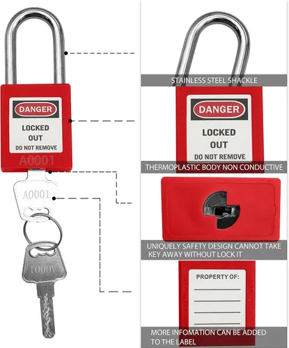 Vista 4 de SAFBY Loto - 7 candados de bloqueo diferentes con llave con 10 etiquetas de bloqueo, candados seguros para estaciones y dispositivos con 7 números