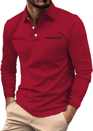 Vista 21 de Polo de manga larga para hombre, diseño casual de algodón con bolsillo, cuello clásico con botón para golf