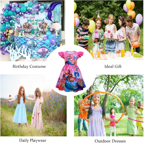 Vista 5 de Vestido de sirenita para niñas, vestidos de princesa de dibujos animados, manga con vuelo, ropa de juego elegante con swingdress 4-9 años