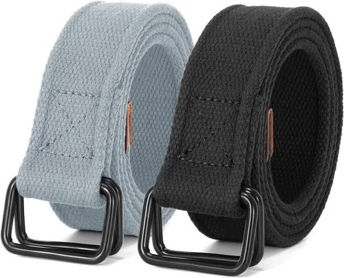 Vista 9 de JASGOOD Cinturones de tela de lona para hombre, cinturones casuales de tela con hebilla de doble anillo negro, paquete de 2