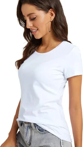 Vista 3 de Camiseta básica de media manga con cuello redondo para mujer, casual, color liso, de algodón