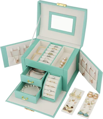 Vista 4 de Joyero multifunción con espejo 2 cajones y cerradura organizador de almacenamiento de piel sintética para pulseras aretes anillos collares relojes