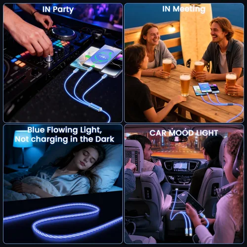 Vista 7 de Cable de carga con luz LED que fluye 3 en 1 Lightning/Type C/Micro USB brillante para automóvil para iPhone, cable de carga para automóvil azul