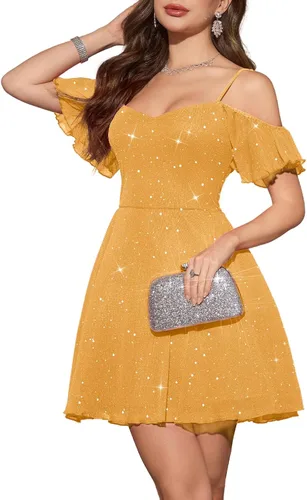 Vista 14 de Meetjen Vestido de cóctel formal brillante acampanado para mujer, vestido Azul marino
