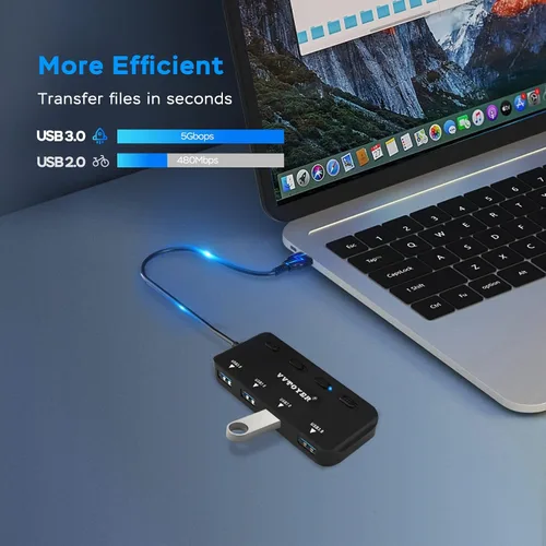 Vista 2 de Hub USB 3.0 de 4 puertos, divisor de concentrador USB portátil VVTOYER para laptop, con interruptor de alimentación individual y adaptador USB-C