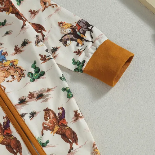 Vista 4 de Lamuusaa Ropa occidental para bebé, niña, niño, manga larga, estampado de vaca, mameluco con cremallera, overol de una pieza para otoño e invierno