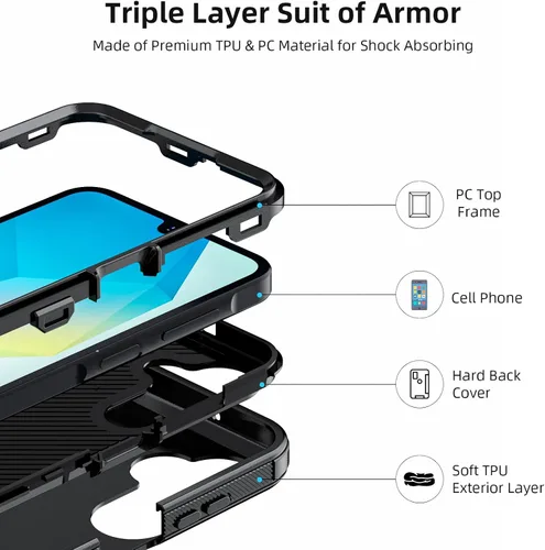 Vista 4 de Jiunai Funda para Samsung A16, a prueba de golpes, antipolvo, protección resistente, de doble capa, borde elevado, para exteriores, híbrida