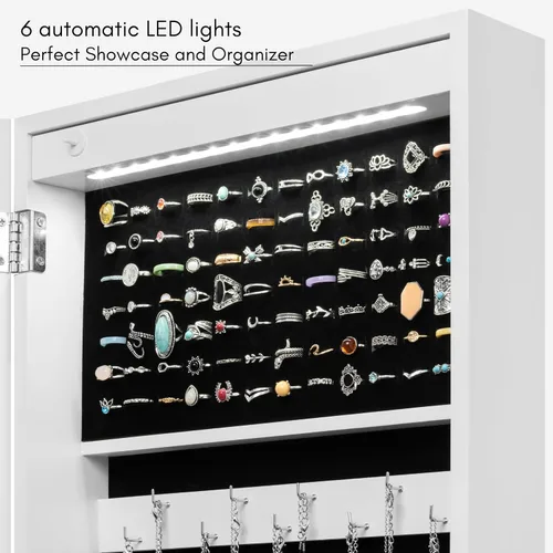 Vista 3 de DECOMIL Armario de joyería con espejo Armario de joyería de pie, luces LED y espejo de longitud completa Blanco