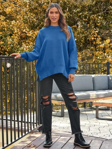 Vista 202 de Lillusory - Suéter extragrande con mangas de murciélago y cuello redondo para mujer, prenda moderna de otoño de tejido de punto sin botones