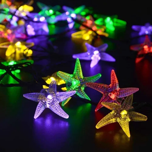 Vista 14 de Luces solares de estrella de mar, impermeables, de 15.7 pies, 20 luces LED de noche con estrellas de mar y océano, mar, mundo, luces de noche