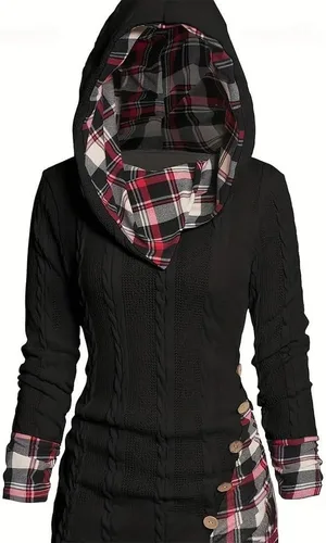 Vista 6 de Plaid Splicing Button Decor Cable Hoodie, Womens Hoodies Long Sleeve Hooded Shirts Casual Pullover Sweatshirts