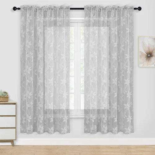 Vista 20 de DWCN Paquete de 2 cortinas traslúcidas pequeñas de encaje floral beige para cocina, cortinas traslúcidas ligeras con bolsillo para barra, cortinas