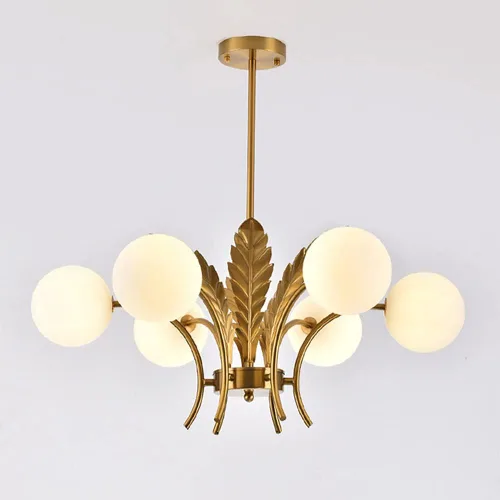 Vista 5 de Lámpara de araña Sputnik moderna con 6 luces, esfera con globos de cristal, lámpara colgante con decoración de hojas, acabado blanco
